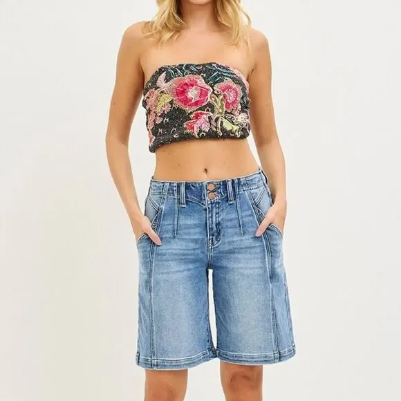 RISEN 2-Button Slouchy Bermuda Long Jean Shorts Pockets sz Large - Picture 1 of 8